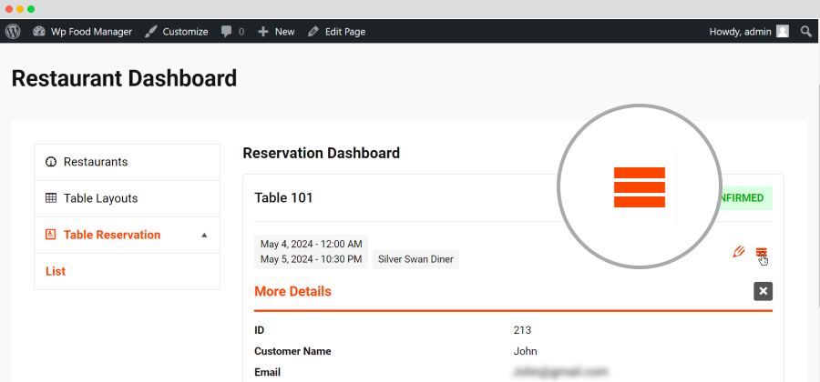 Restaurant Dashboard-Table Reservation-List-Details